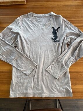Vintage Yves Saint Laurent Light Gray V-Neck Tee women’s large